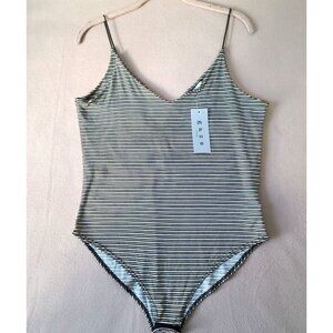 Gaze DTLA V Neck Bodysuit with Thin Straps Size L Stripes Black/White/Gold NWT